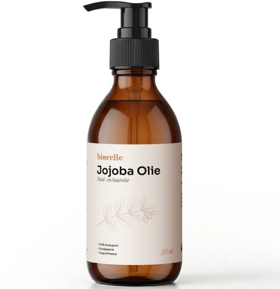 Bruine pompflacon met 'biorelle Jojoba Olie' label.