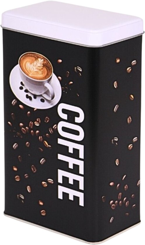 Zwart koffieblik met witte deksel. Op de zijkant staat "COFFEE" met een afbeelding van koffiebonen en een kopje koffie.