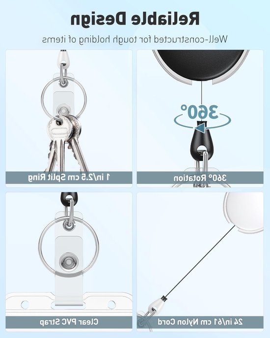 Set van 2 Retractable Badge Reel voor Badgehouder, Stevige Sleutelhanger met Nylon Touw en Carabiner Clip, Ideaal voor Werk en Evenementen van Merkloos — afbeelding 4