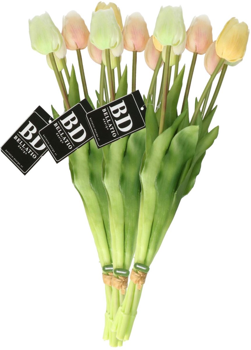 Bellatio Design Kunst tulpen boeket Sally - 21x stuks - multi kleuren - real touch - 47 cm Wit
