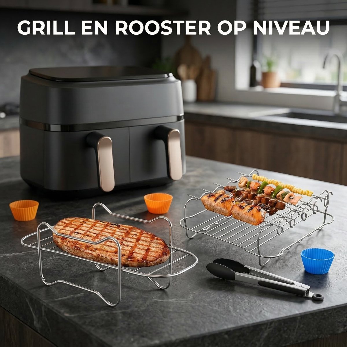 Somstyle Accessoires Set Geschikt voor Philips Dual Basket 3000 & 5000 Dubbele Airfryer - 23-Delig - Cup Cake Bakvorm - Heteluchtfriteuse Mandje - Zwart — afbeelding 7