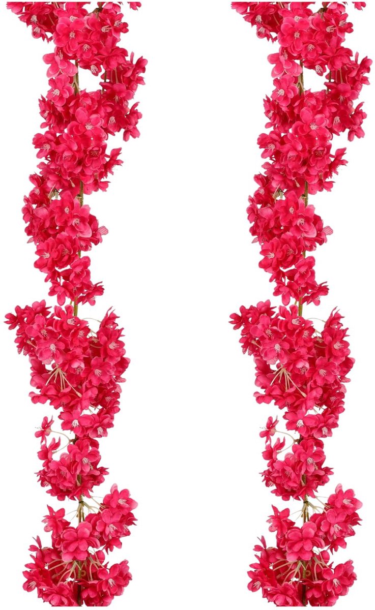 Mica Decorations Kunstbloemen Bloesem Slinger - 2x - 180 x 20 cm - roze - kunststof - bloemetjes Fuchsia