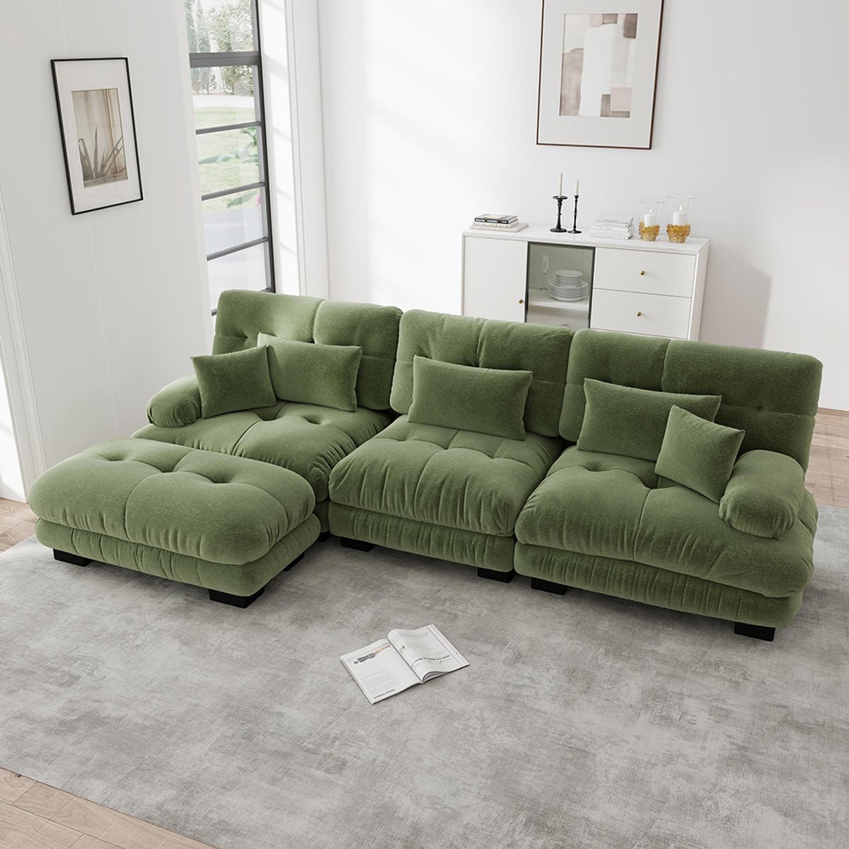 Komhtom Luxe modulaire hoekbank - Reusachtige L-vormige Cloud-bank voor de woonkamer, Diepe slaapbank met chaise longue, Cordé, Chenille, Groen