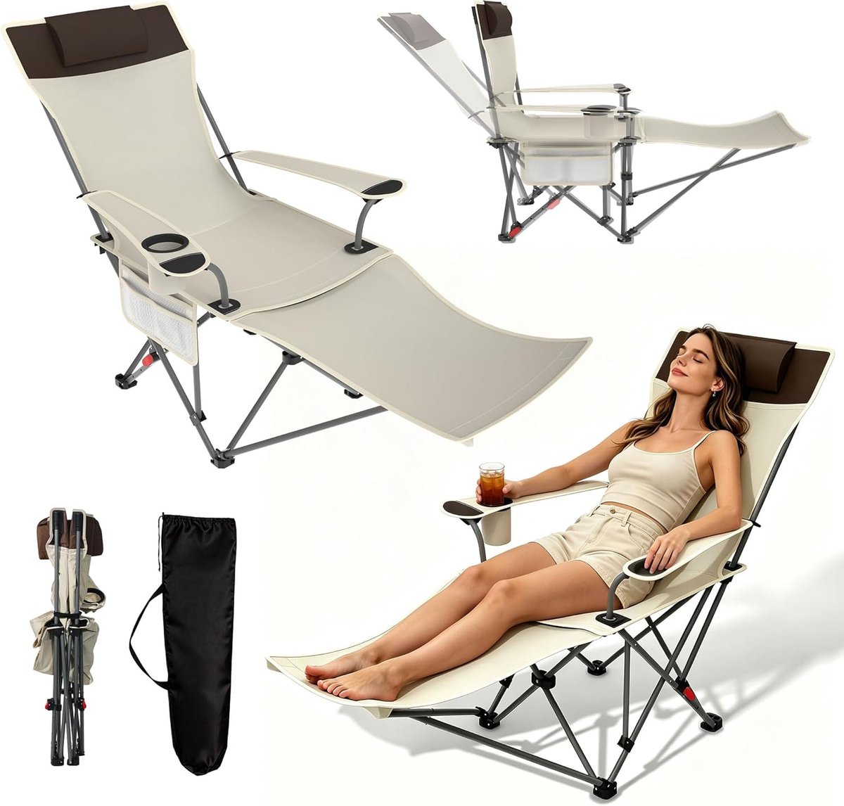 2-in-1 Opvouwbare Campingstoel Met Voetsteun & Hoofdsteun - 4-traps Verstelbaar - Visstoel Met Drankhouder & Zijzak - Max 150 kg - Voor Tuin, Strand & Balkon - Beige - NAIZY