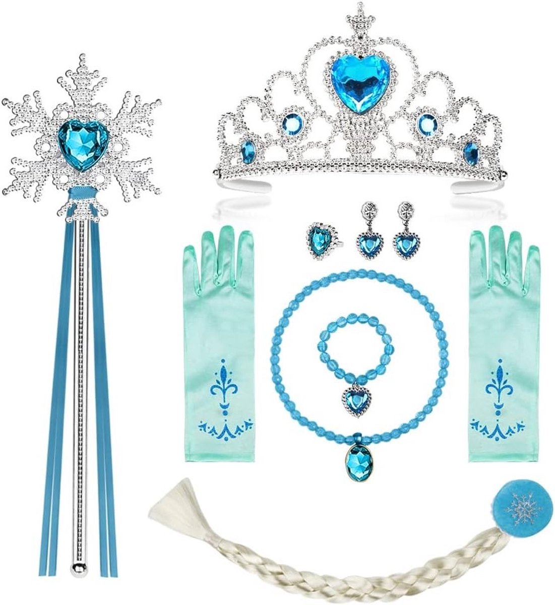 Complete Elsa Kostuum Set voor Meisjes met Handschoenen, Tiara, Vlecht, Toverstaf en Kroon voor Feestjes, Kerst en Halloween (Blauw)