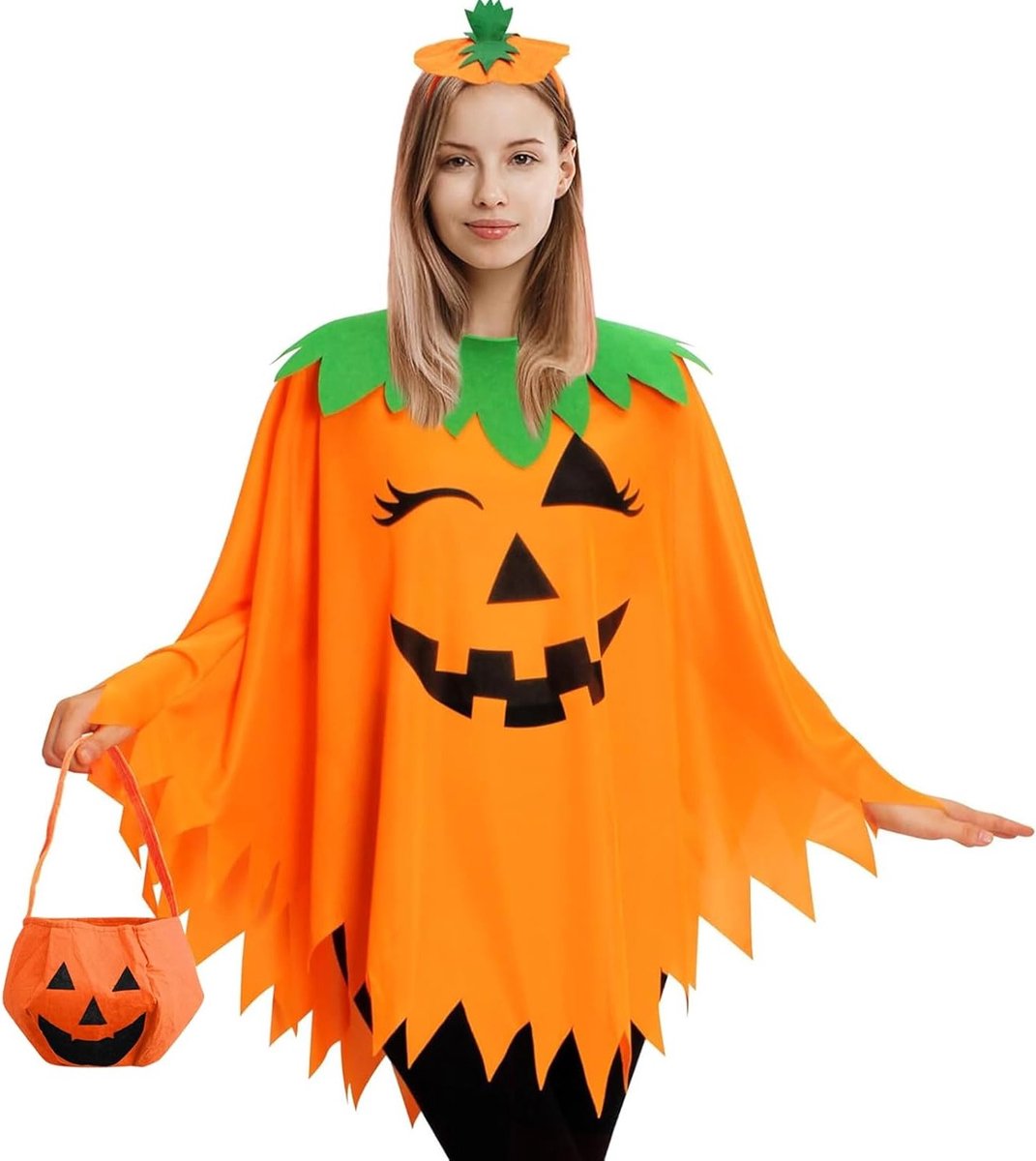 Halloween Pompoen Kostuum voor Vrouwen met Hoofdband en Snoepzak - Perfect voor Carnaval en Feestjes
