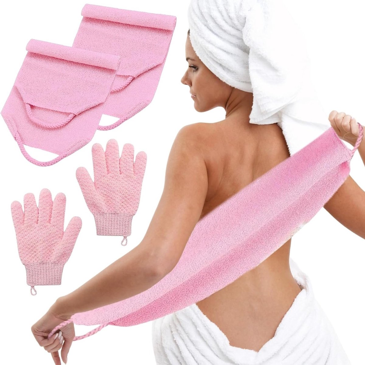 SnelShoppen - Body Peeling Handschoenen en Rugborstels Set - 2 Peeling Handschoenen en 2 Lange Rugborstels - Douche Scrub voor Lichaam, Gezicht en Bad