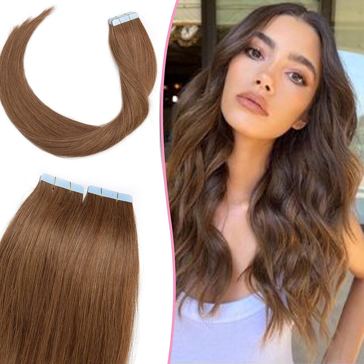 Tape Extensions Echthaar 20 Tressen 100% Remy Haarverlängerung 12" (30cm) Glatt Hellbraun #6-1 voor Volumineus en Natuurlijk Haar