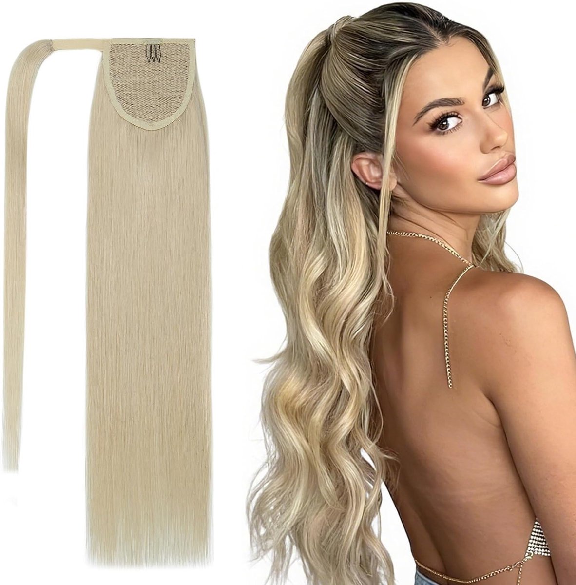 Ponytail Extension van 18 inch in 100% Echt Remy Haar, Platina Blond, Recht, Clip-In Haarstuk voor Vrouwen, 90g Kwaliteit