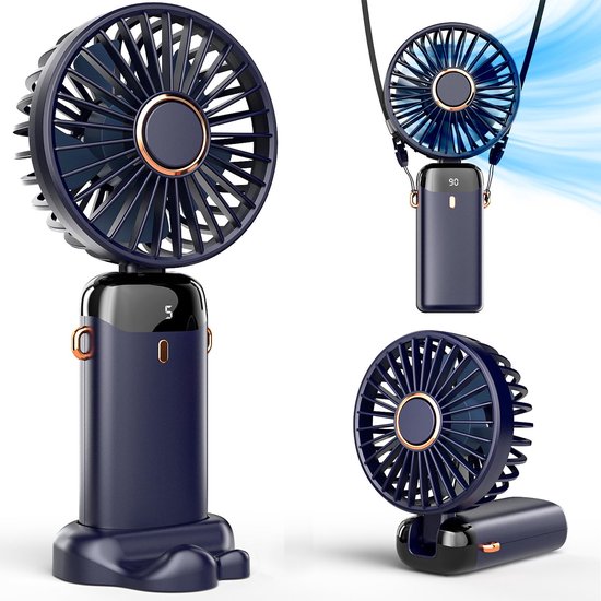 Draagbare handventilator oplaadbaar met digitaal display, 5 snelheden, 90° verstelbaar, donkerblauw, inclusief basisstation