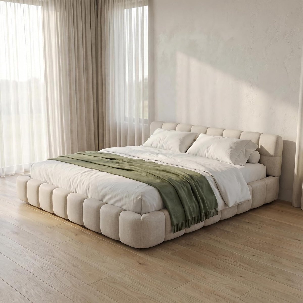 Luxe Gestoffeerd Bedframe met Hoofdbord, Zachte Randen en Lattenbodem 140x190 cm Beige Linnen – Comfortabel Tweepersoons- & Tienerbed met Ingebouwde Matrasfixatie