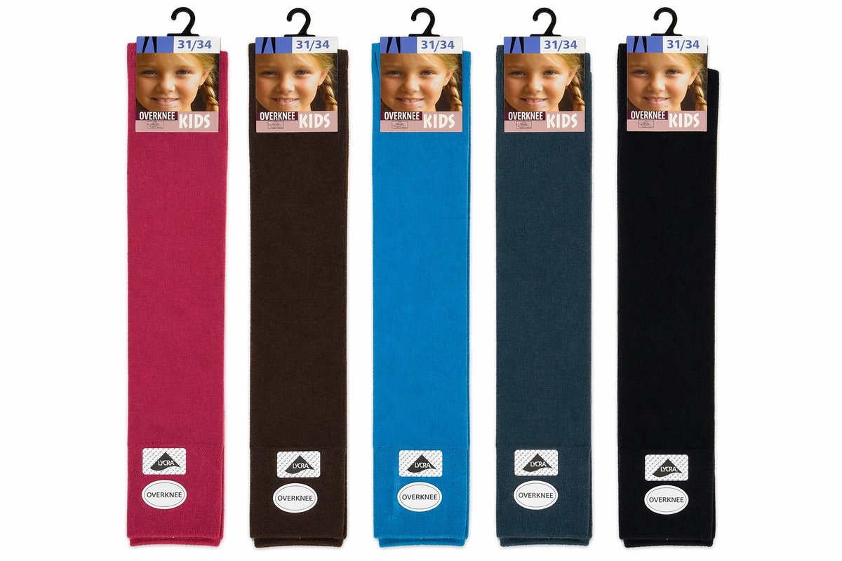 Junior - 90% coton + 5% polyamide + 5% élasthanne - naadloos - overknee junior - 5 paar - roze - bruin - blauw - grijs - zwart - maat 27/30