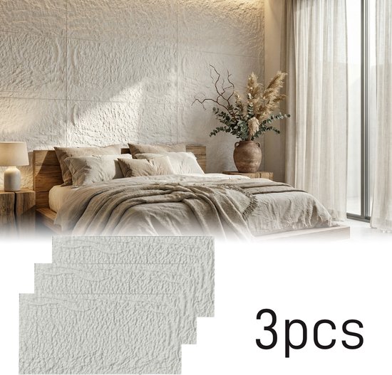Froadp 3 stuks Plaatwerk met rotslook, 120 x 61 cm, 5 cm dik wandpanelen, PU-wandbekleding Crèmekleurig wit