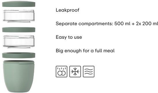 Exploded view van een groene Mepal lunchpot, met tekst en iconen die de kenmerken aangeven.