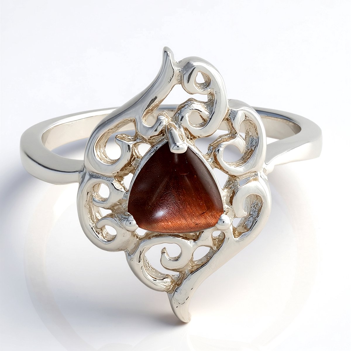 Cavill - Elegante Zilveren Damesring 925 Sterling - Rode Mexicaanse Tijgeroog Triljant Cabochon 0,85 ct - Handgemaakte Sieraad
