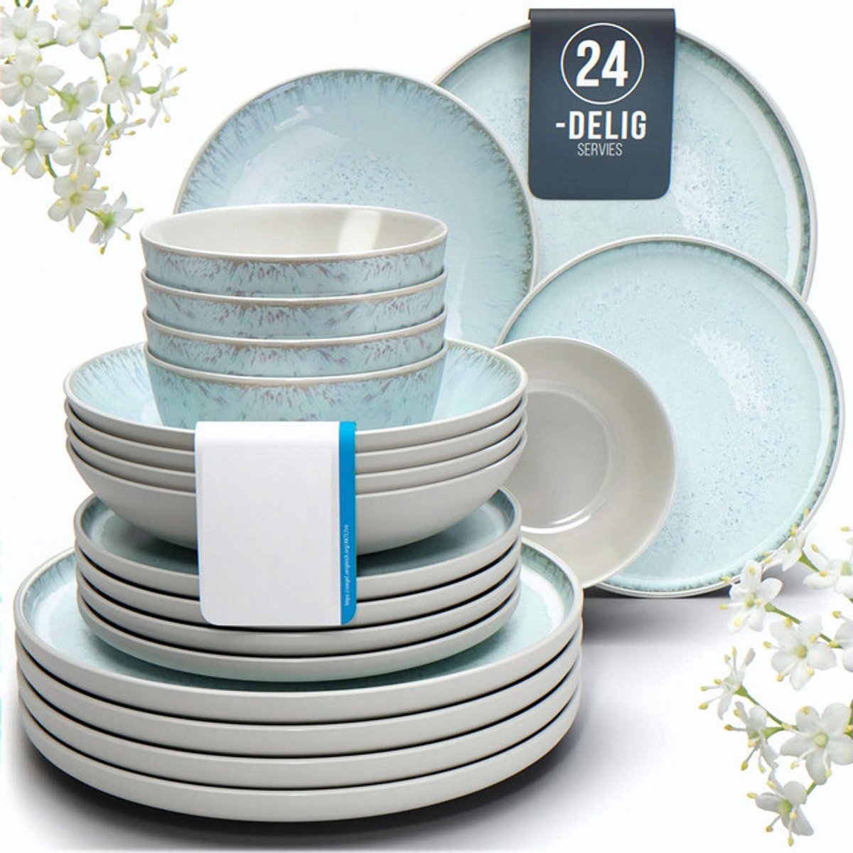 Sierra, Servies Set Ibiza 24-delig - Vaatwasser-, Magnetron- en Krasbestendig Servies - Moderne Kommen en Borden Set voor 6 Personen - Tafelservice Pure Living in Lichtblauw-Beige