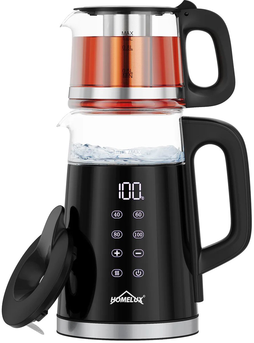 Homelux - Theepot - Caydanlik - 2200W – Elektrische Waterkoker 1,7L + 1L Theemaker met Infuser, 4 Temperatuurstanden 40-100°C, Warmhoudfunctie, Samovar BPA-vrij, RVS Filter, Stille Waterkoker, Theezetter Caymatik - Semaver - Cayci - Cay - Turkse thee — afbeelding 1
