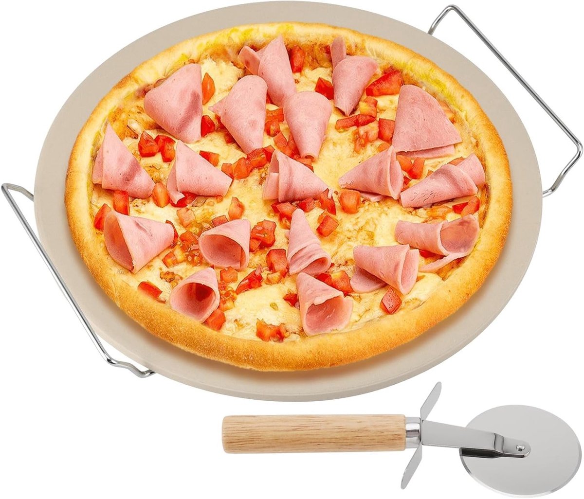 33 cm Pizza Steen met Metalen Stand en Pizzasnijder, Perfect voor Brood en Pizza Bakken