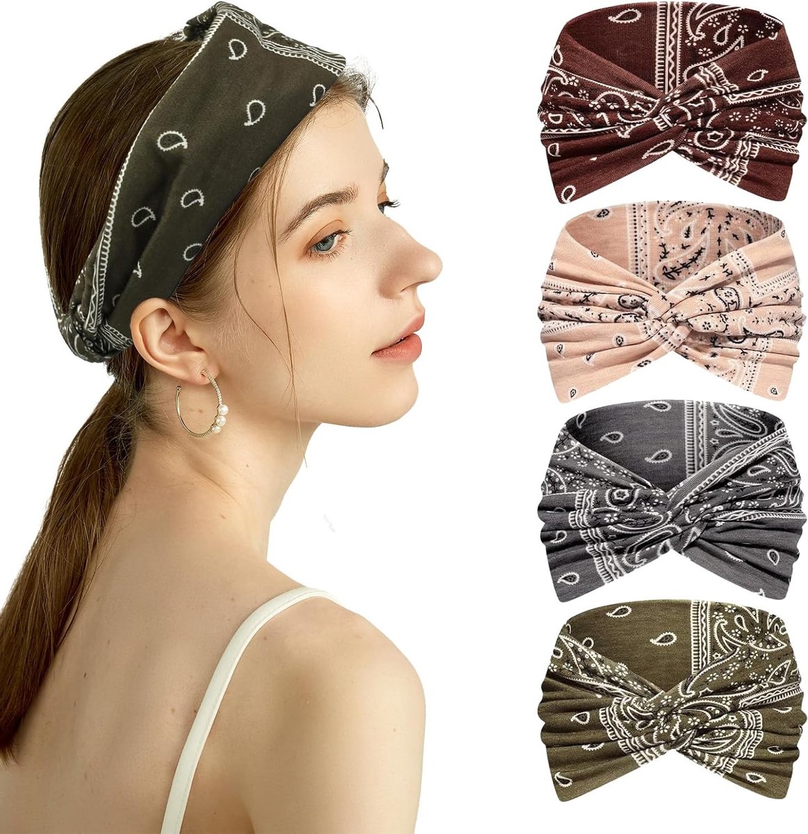 Elastische Bohemian Haarbanden voor Dames - Set van 4 in Groen, Grijs, Abrikoos en Koffie - Perfect voor Yoga en Sportactiviteiten