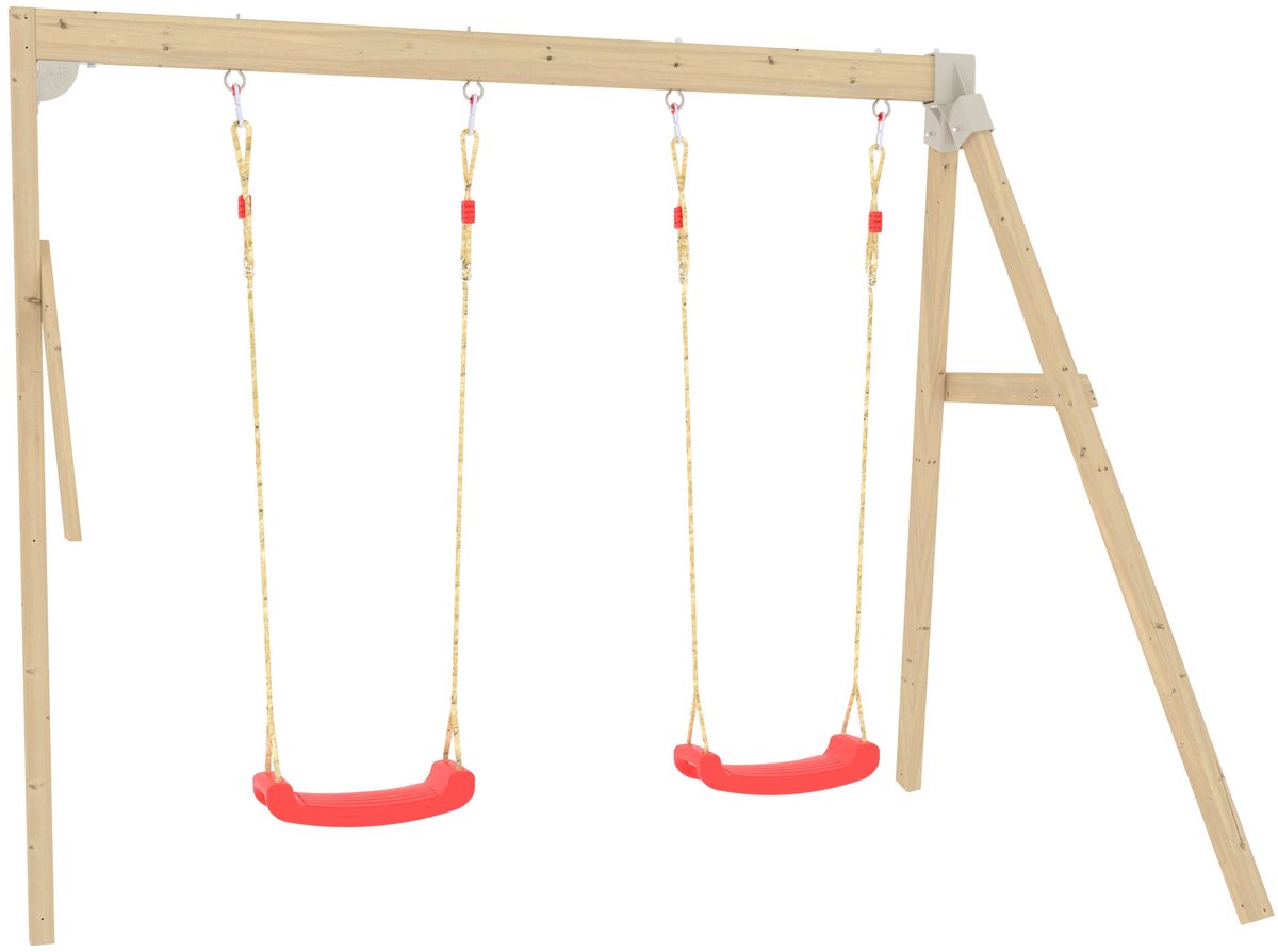 Houten schommelarm FSC® 2 rode schommels voor modulaire speelhuisjes