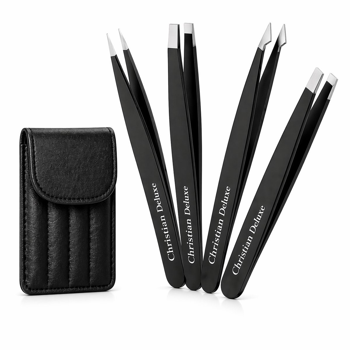 Christian Deluxe® - Epileer pincet - Pincettenset 4-Delig - Zwart - Professionele Wenkbrauw Pincet - Luxe Etui