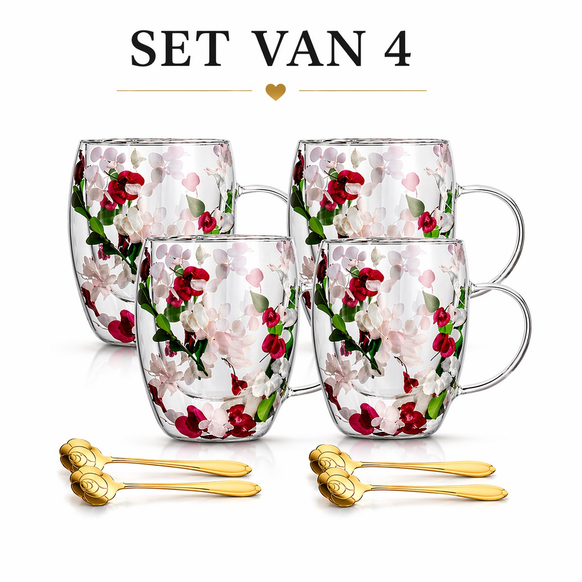 Cliste Dubbelwandige Koffieglazen Set van 2x Met Oor en Gratis 2x Lepels - 400ML - Handgemaakt Glas - Echt Gedroogd Bloem-en bladglas - Latte Macchiato Glazen