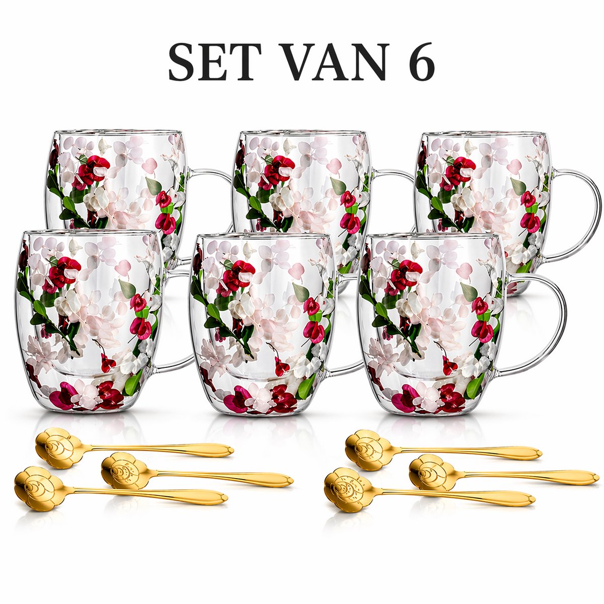 Cliste Dubbelwandige Koffieglazen met Oor - Set van 6 - 400ML - Gratis 6 Lepels - Handgemaakt Glas - Echt Gedroogd Bloem-en bladglas - Latte Macchiato Glazen - Dubbelwandige Theeglazen - Cappuccino Glazen