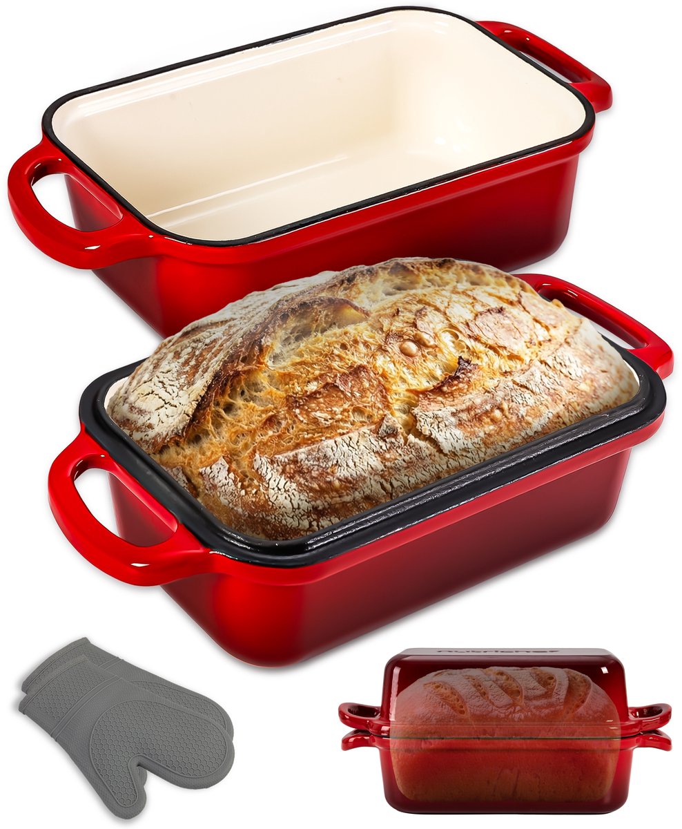 NutriChef Dutch Oven - 6L Gietijzeren Broodbakvorm - Geëmailleerd - Inclusief Deksel - Vaatwasserbestendig - Siliconen Handschoenen - Rood