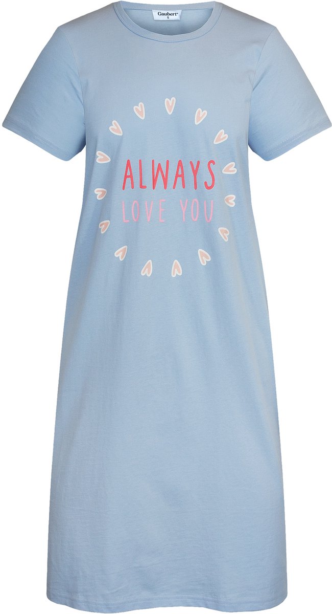 Gaubert Essential Dames Nachthemd Korte Mouw - Premium Gekamd Katoen - Always Love You - Lichtblauw - Maat L - GB-6813