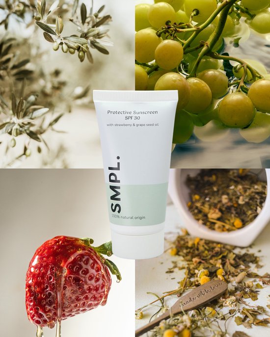 Collage met een tube "SMPL. Protective Sunscreen SPF 30", olijftak, druiven, aardbei en kamillebloemen.