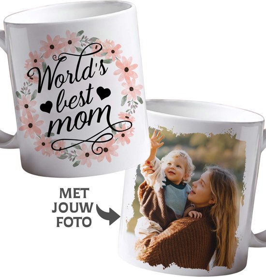 Moederdag Mok met Foto – “World’s Best Mom” – Persoonlijk Cadeau voor Mama – Bloemen Design