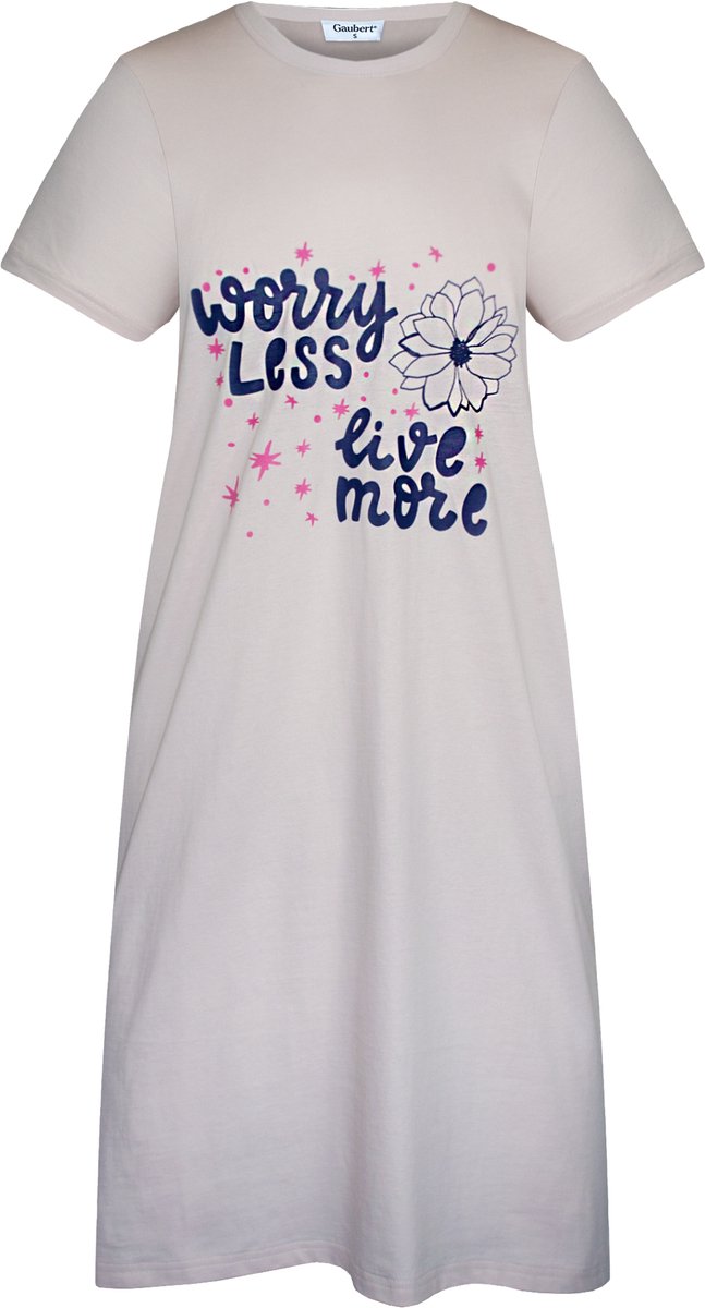 Gaubert Essential Dames Nachthemd Korte Mouw - Premium Gekamd Katoen - Worry Less Live More - Greige - Maat L - GB-6817