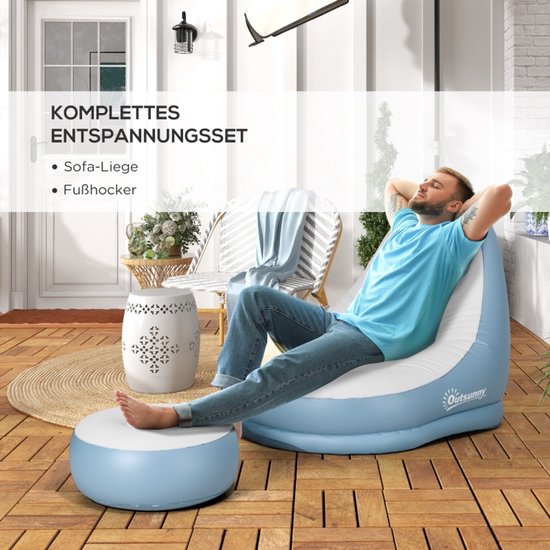 Opblaasbare bank - Campingbank - Opvouwbare opblaasbare bank - Opvouwbare opblaasbare eenpersoonsbank - Met voetenbankje - Met bekerhouder - Opvouwbaar - 125*100*87 cm - Geschikt voor kamperen, thuisgebruik, enz. - Blauw, wit — afbeelding 5