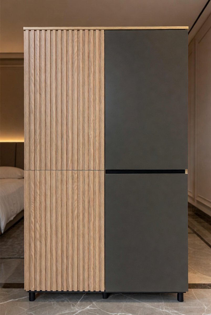 Esteban Smalle Garderobekast 60 cm – Antraciet Eiken Ribbel Design – Kledingkast met Uittrekbare Kledingstang, 6 Vakken & 3 Planken – Ruimtebesparende Slaapkamer & Hal Opbergkast (195 cm hoog)Mobili Bella