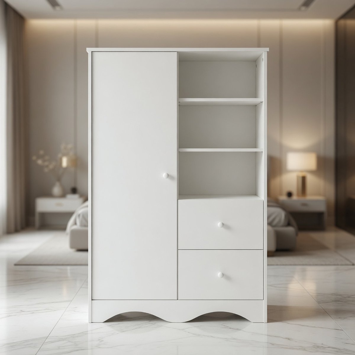 Moderne Witte Opbergkast met Deur, 2 Lades, 5 Planken en 3 Open Vakken – Multifunctionele Kledingkast, Dressoir en Kast voor Slaapkamer, Woonkamer of Kantoor – Mobili Bella