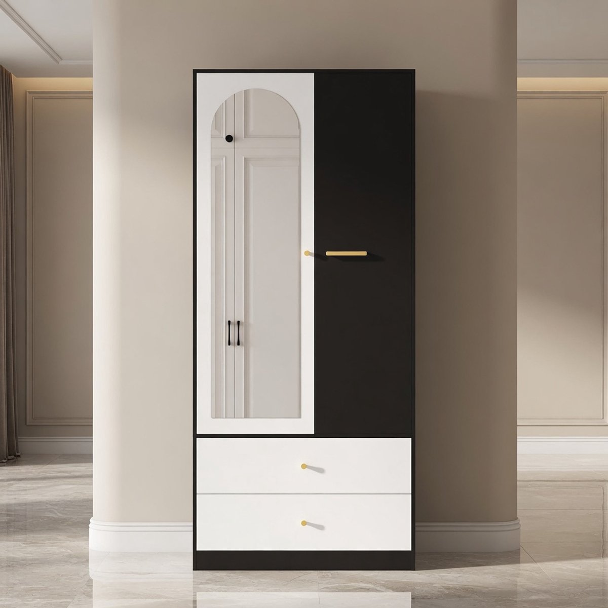 Moderne Kledingkast met Spiegeldeur 80x40x180 cm – Garderobekast met 1 Deur, 2 Lades & 4 Planken – Wit/Zwart – Ruimtebesparende Opbergkast voor Slaapkamer – Mobili Bella