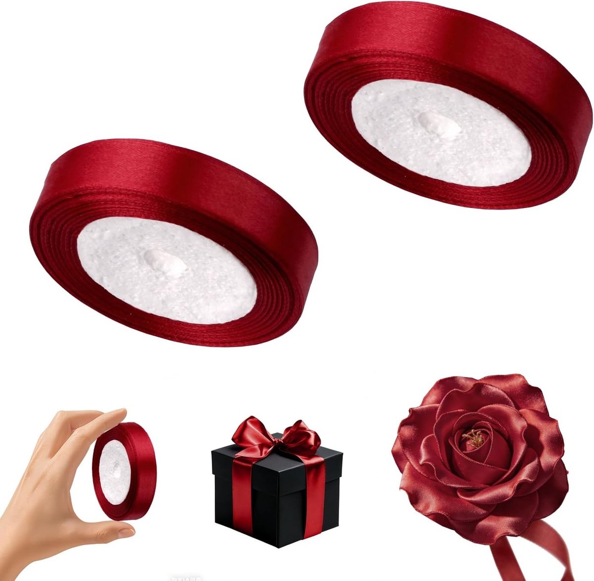 2 Stuks Satijnlint 15mm Breed 22m Donkerrood Cadeaulint voor Verpakking, DIY Knutselen, Haarstrikken en Feestdecoratie