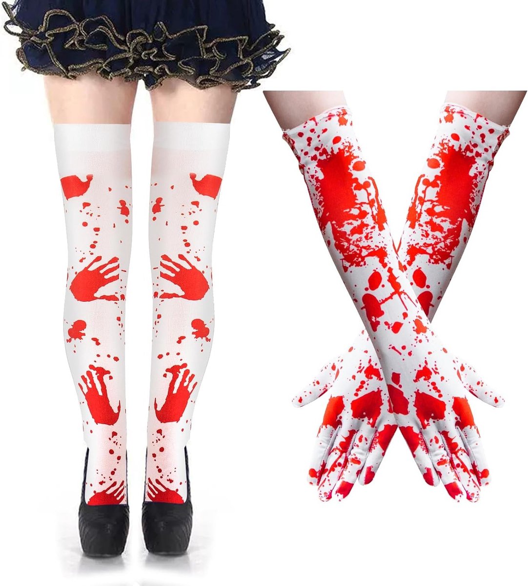 Dames Hoge Sokken en Bloedige Handschoenen voor Halloween Festival Cosplay Kostuum Party, Maat Wit