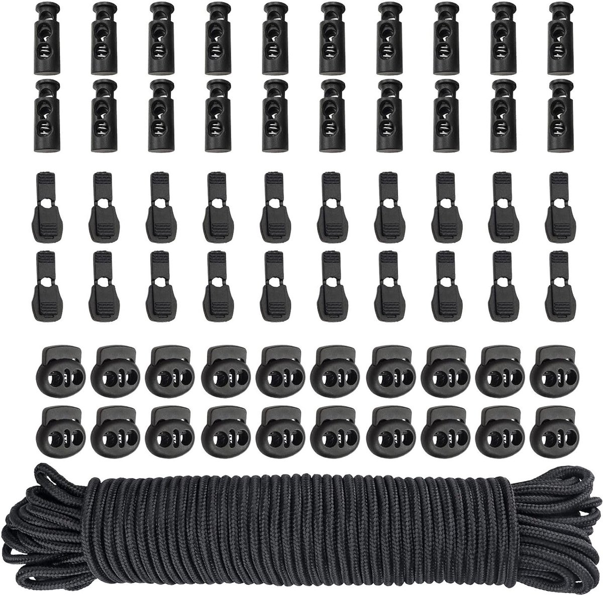 Plastic Cord Locks en Elastische Bungee Nylon Shock Cord – Veelzijdige 10M Creatieve Touw met Enkele en Dubbele Gaten Stopper voor Handwerk en Outdoor Activiteiten (Zwart)