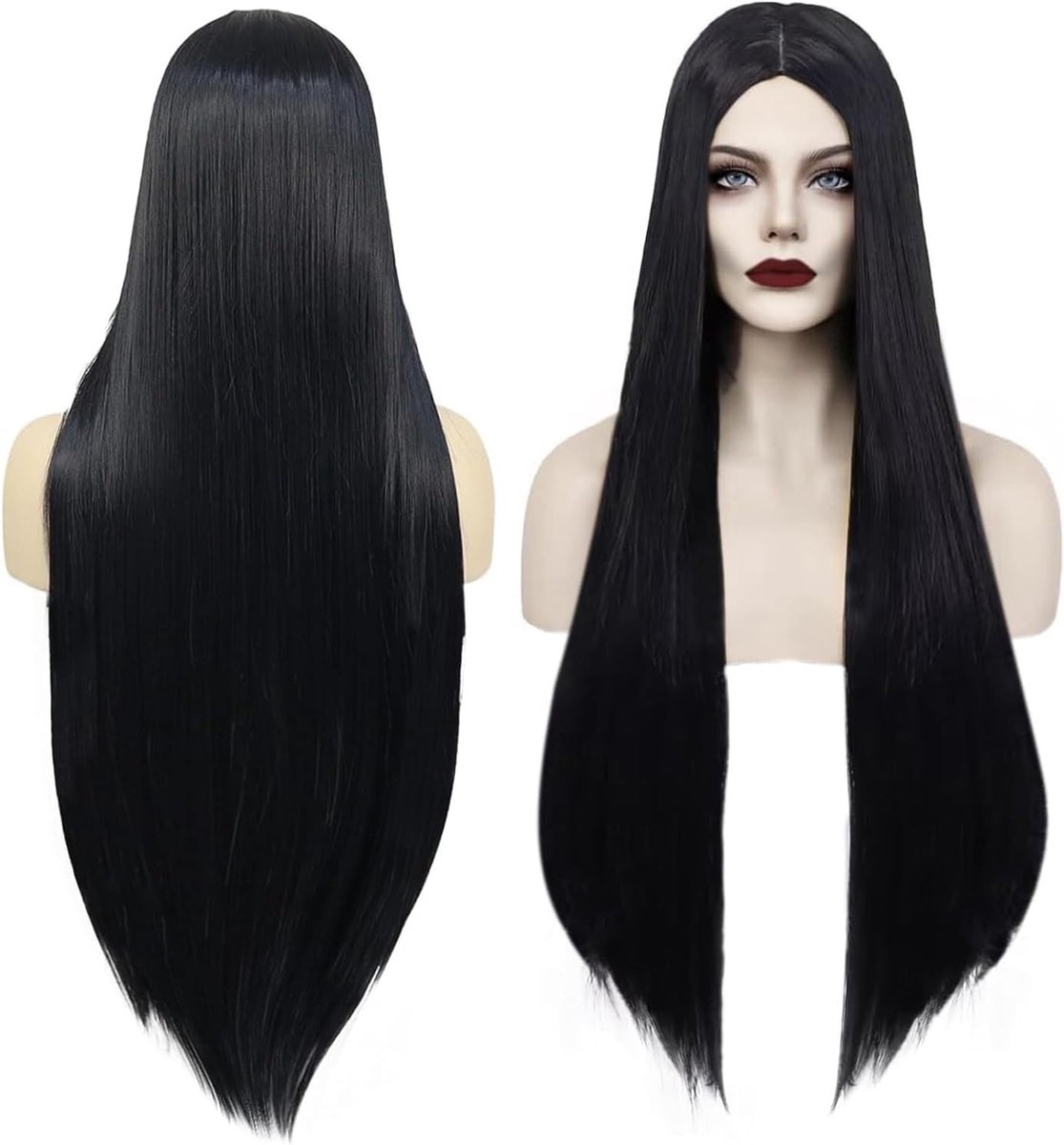 Natuurlijke Lange Zwarte Cosplay Peruk voor Morticia Addams - Hittebestendig en Realistisch voor Halloween en Dagelijks Gebruik
