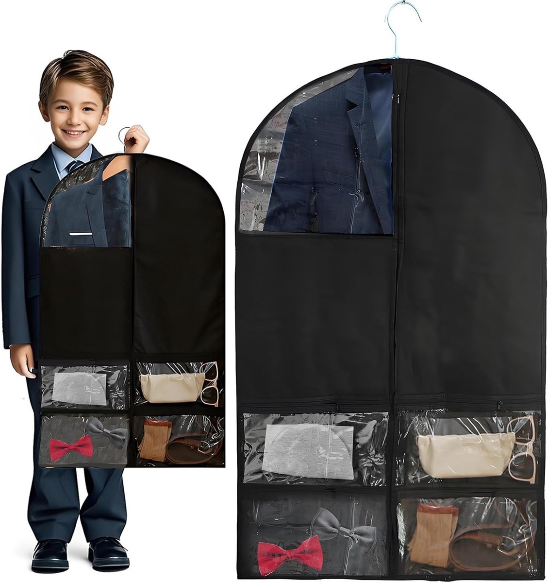 Grote Zwarte Pakken Tas voor Jongens en Mannen, Ademend en Stofdicht, Perfect voor Jassen en Overhemden met Zichtvenster