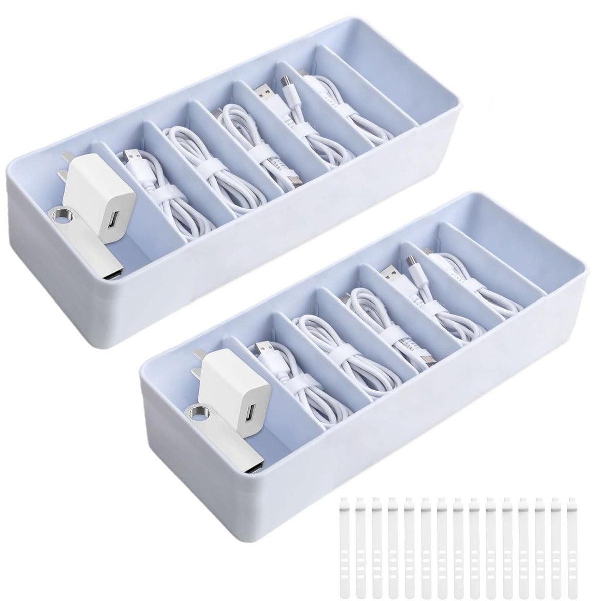 Cable Organizer Box Set met Verstelbare Scheidingswanden en 15 Kabelbinders voor Oplaadkabels - Wit en Praktisch voor Kabelbeheer