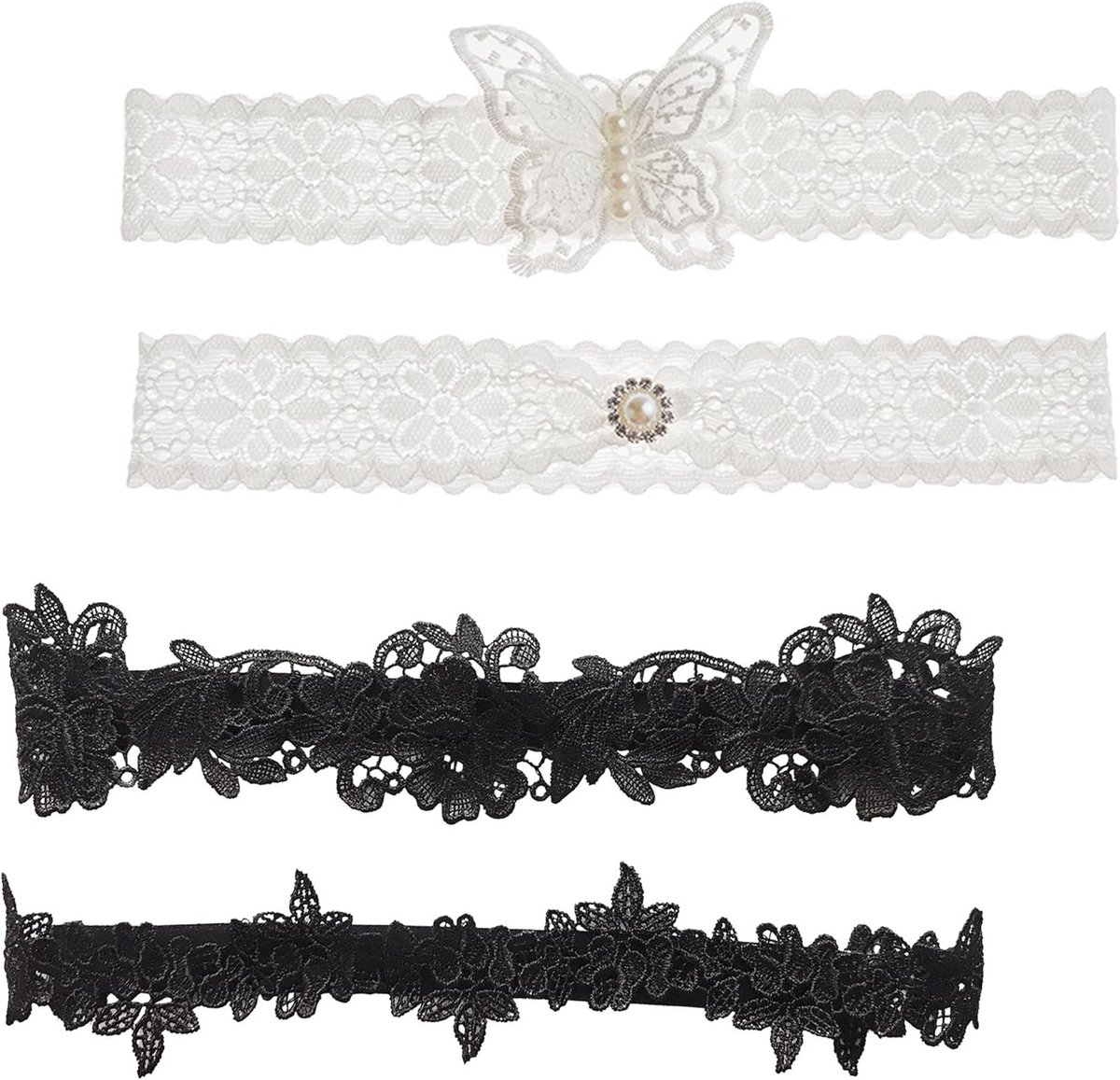 Elegante Bruidsbanden Set van 4, Kanten Bruidsbanden voor Thigh Girth van 45cm tot 60cm, Zwart en Wit, Perfect voor Trouwerij en Bruidsmode