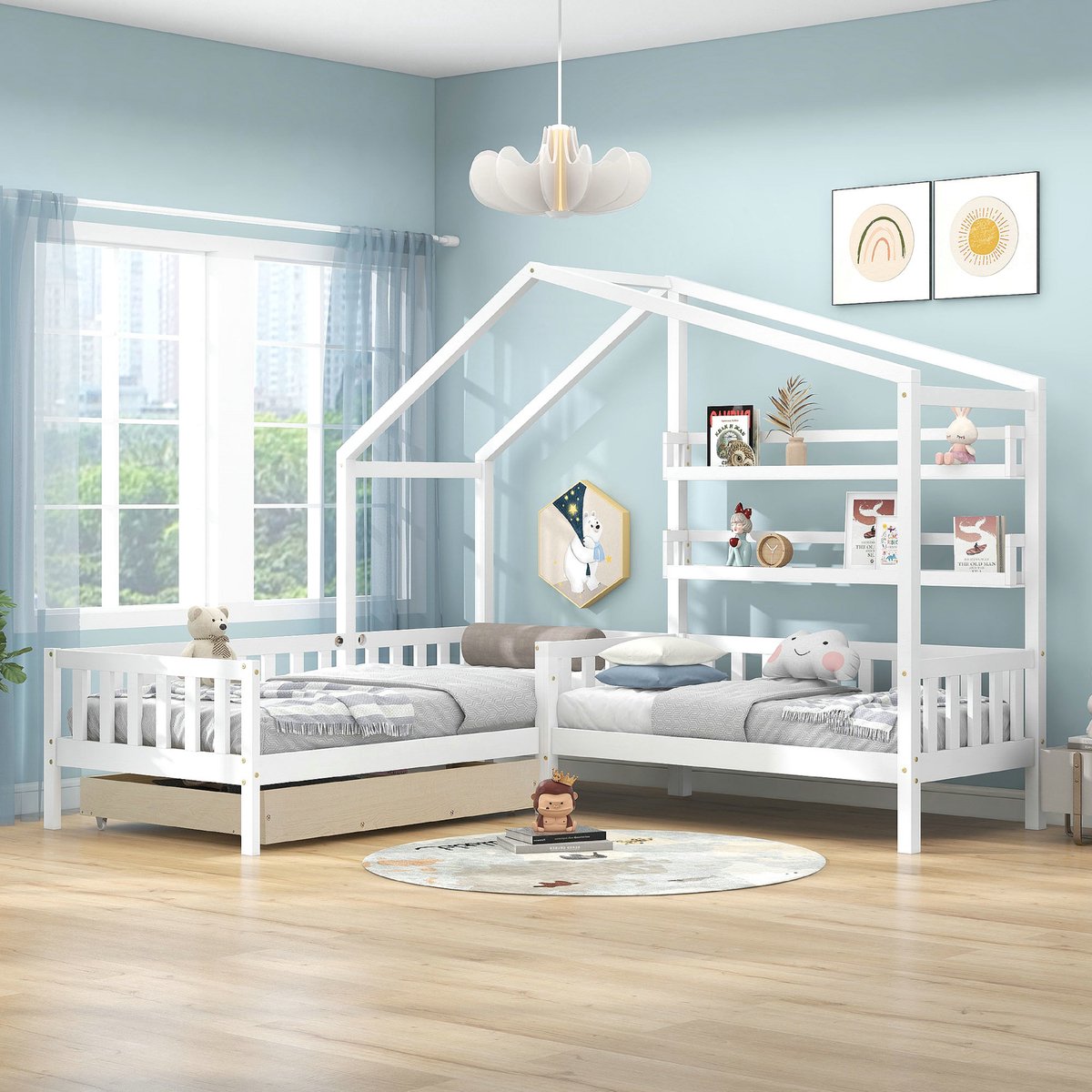 VVBV L-Vormig Kinderbed Huisbed met Lades en Planken, Massief Hout, Wit (90x200 cm + 140x70 cm)