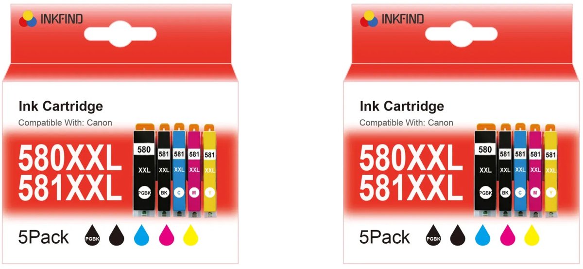 INKFIND 580XXL 581XXL inktcartridge voor Canon 580XXL 581XXL PGI-580XXL CLI-581XXL PGI580XL CLI581XL inktcartridge multipack 10 stuks (2*5pack = foto Zwart x 2, Zwart x 2, Cyaan x 2, Magenta x 2, Geel x 2)