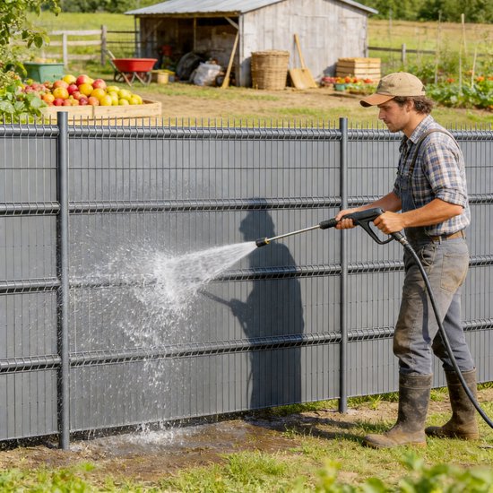 Man reinigt grijze privacy screen met hogedrukreiniger in een landelijke omgeving.
