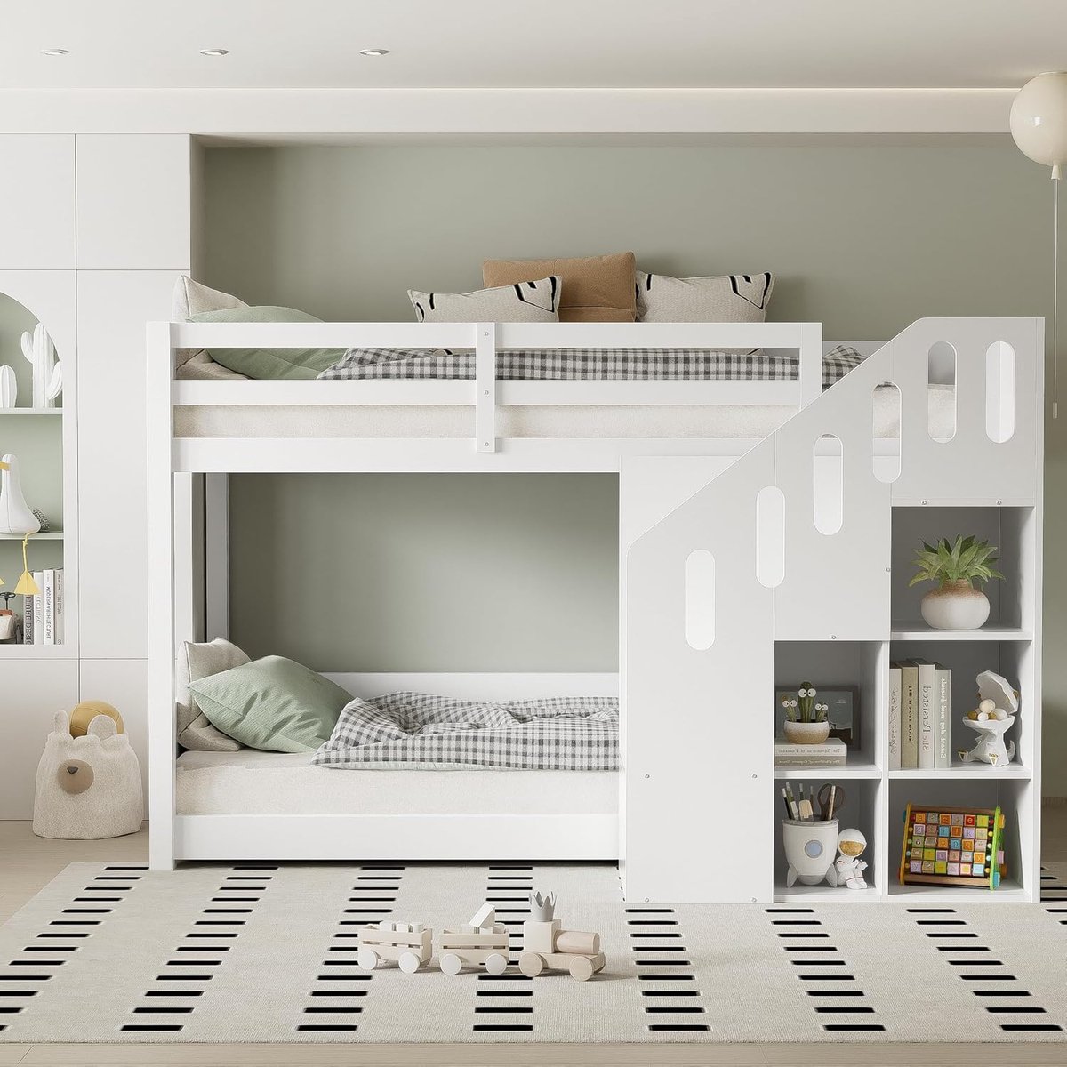 Hoogslaper 90x200 cm met Opbergtrap en Kastjes – Luxe Multifunctioneel Kinder Stapelbed met Veiligheidshek, Massief Houten Bedframe, Ruimtebesparend Bed met Opbergruimte, Wit/Naturel – Laura