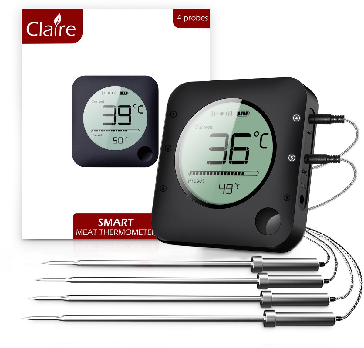 Bol.com Claire BBQ thermometer - Vleesthermometer - Oventhermometer - Draadloos met app - Incl. Batterijen en 4 meetsondes aanbieding