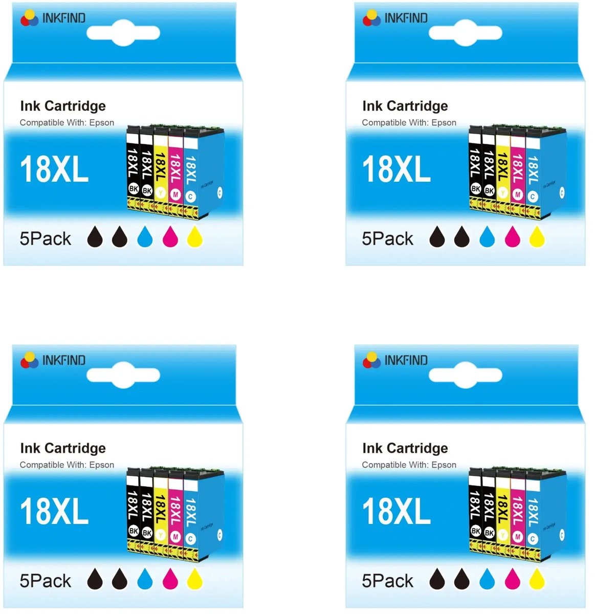 INKFIND 18XL inktcartridge voor Epson 18XL T1811 T1812 T1813 T1814 T1815 inktcartridge multipack 20 stuks (4*5pack=Zwart x 8, Cyaan x 4, Magenta x 4, Geel x 4) voor Epson Expression Home XP202, XP205, XP30, XP302, XP305, XP402, XP405, XP412, XP415