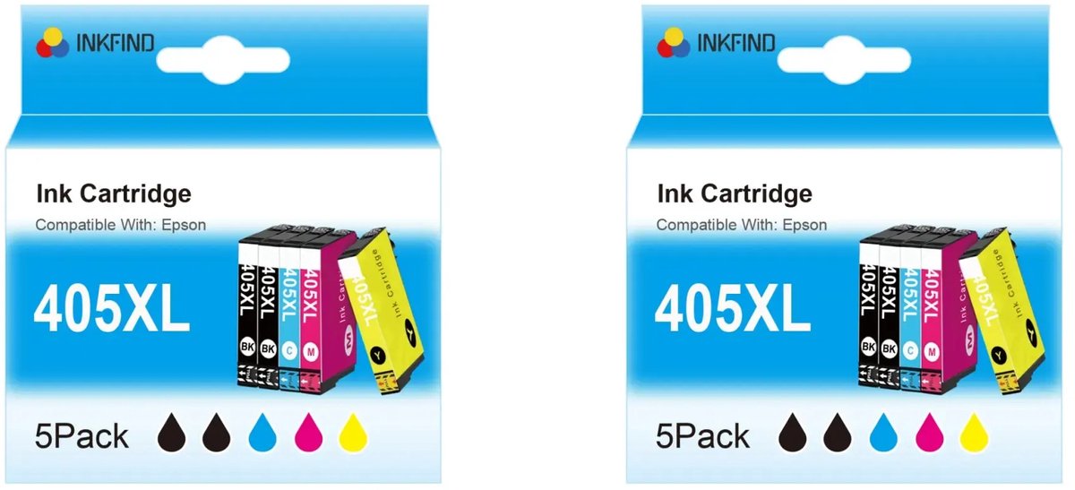 INKFIND 405XL inkt voor Epson405 Epson 405 Espon405XL 405XL multipack Multipack van 10 stuks (2 x 5pack= 4 x Zwart, 2 x Cyaan, 2 x Magenta, 2 x Geel) geschikt voor printers Epson WorkForce Pro WF-3820/3825/4820/4825/4830/7830/7835 DTWF/7840 DTWF